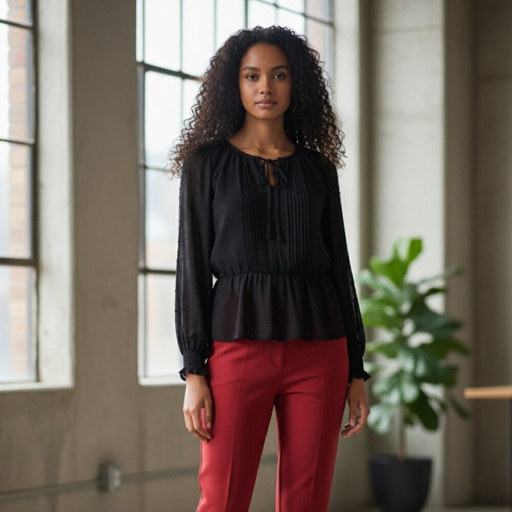 Nordstrom Rack Black Semi Sheer Blouse with Under Layer Long Sleeve Size S